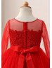 Beaded Red Lace Tulle Flower Girl Dress Birthday Party Dress